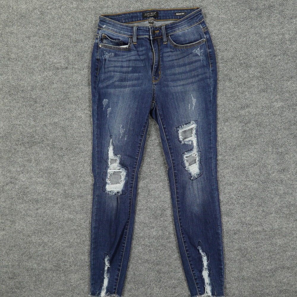 Judy‎ Blue Jeans Womens 5/27 Blue Skinny Fit Distressed Ripped Raw Hem JB8246DK